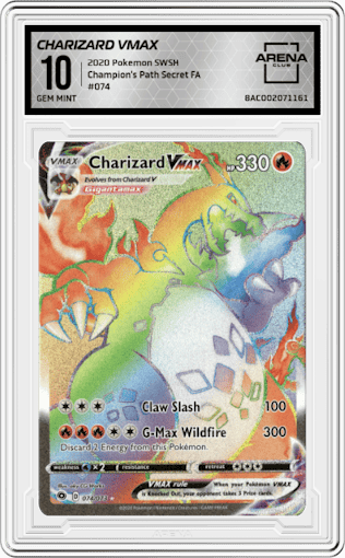 Charizard VMAX from the 2020 Pokemon SWSH set graded by Arena Club and given an overall grade of 10.