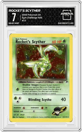Rocket's Scyther from the 2000 Pokemon GH set graded by Arena Club and given an overall grade of 7.