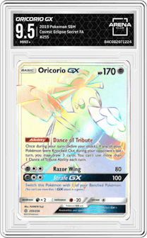 Oricorio GX from the 2019 Pokemon S&M  set graded by Arena Club and given an overall grade of 9.5.