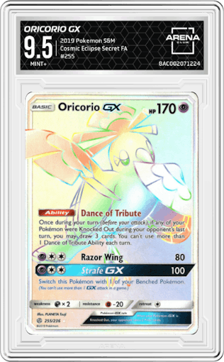 Oricorio GX from the 2019 Pokemon S&M  set graded by Arena Club and given an overall grade of 9.5.