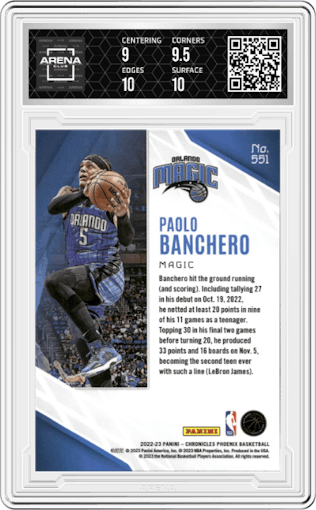 Paolo Banchero from the 2022-23 Panini Chronicles  set featuring a Asia parallel graded by Arena Club and given an overall grade of 9.5.
