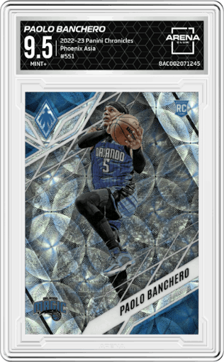 Paolo Banchero from the 2022-23 Panini Chronicles  set featuring a Asia parallel graded by Arena Club and given an overall grade of 9.5.