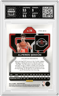 Alperen Sengun from the 2021-22 Panini Prizm  set featuring a Silver Prizm parallel graded by Arena Club and given an overall grade of 9.5.