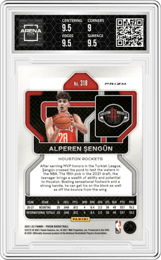 Alperen Sengun from the 2021-22 Panini Prizm  set featuring a Silver Prizm parallel graded by Arena Club and given an overall grade of 9.5.