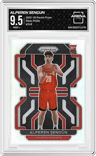 Alperen Sengun from the 2021-22 Panini Prizm  set featuring a Silver Prizm parallel graded by Arena Club and given an overall grade of 9.5.