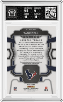 Tank Dell from the 2023 Panini Prizm set featuring a Neon Green Pulsar parallel graded by Arena Club and given an overall grade of 9.5.