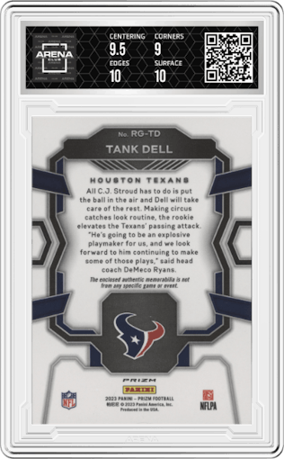 Tank Dell from the 2023 Panini Prizm set featuring a Neon Green Pulsar parallel graded by Arena Club and given an overall grade of 9.5.