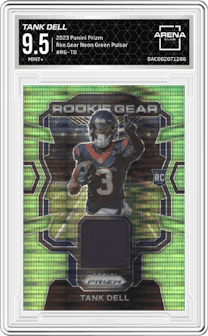 Tank Dell from the 2023 Panini Prizm set featuring a Neon Green Pulsar parallel graded by Arena Club and given an overall grade of 9.5.