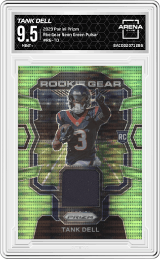 Tank Dell from the 2023 Panini Prizm set featuring a Neon Green Pulsar parallel graded by Arena Club and given an overall grade of 9.5.
