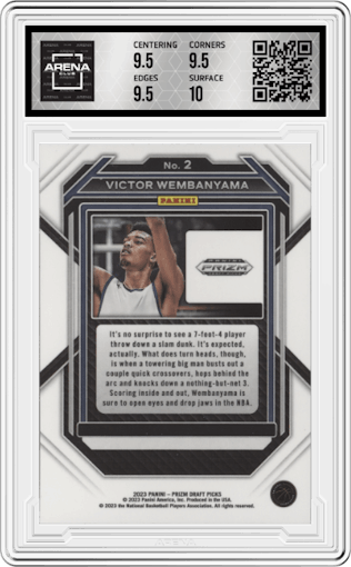 Victor Wembanyama from the 2023-24 Panini Prizm Draft Picks set graded by Arena Club and given an overall grade of 10.