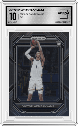 Victor Wembanyama from the 2023-24 Panini Prizm Draft Picks set graded by Arena Club and given an overall grade of 10.