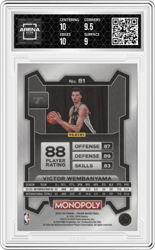 Victor Wembanyama from the 2023-24 Panini Prizm Monopoly set graded by Arena Club and given an overall grade of 9.5.
