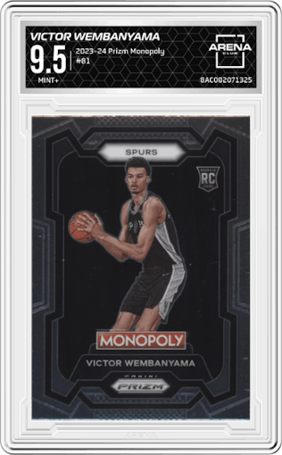 Victor Wembanyama from the 2023-24 Panini Prizm Monopoly set graded by Arena Club and given an overall grade of 9.5.