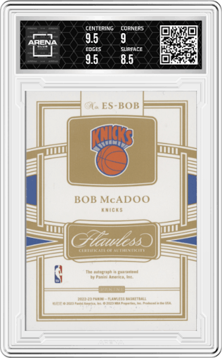 Bob McAdoo from the 2022-23 Panini Flawless set featuring a Ruby parallel graded by Arena Club and given an overall grade of 9.