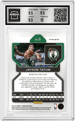Jayson Tatum from the 2021-22 Panini Prizm  set featuring a Choice Blue/Yellow/Green parallel graded by Arena Club and given an overall grade of 10.