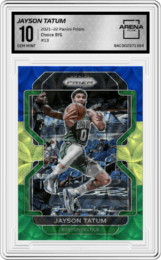 Jayson Tatum from the 2021-22 Panini Prizm  set featuring a Choice Blue/Yellow/Green parallel graded by Arena Club and given an overall grade of 10.