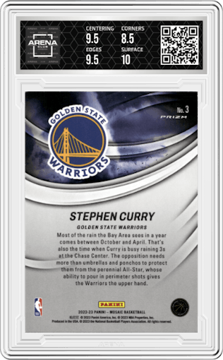 Stephen Curry from the 2022-23 Panini Mosaic set graded by Arena Club and given an overall grade of 9.