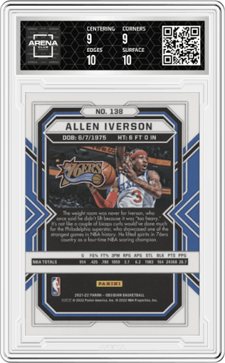Allen Iverson from the 2021-22 Panini Obsidian set featuring a Electric Etch Red Flood parallel graded by Arena Club and given an overall grade of 9.5.