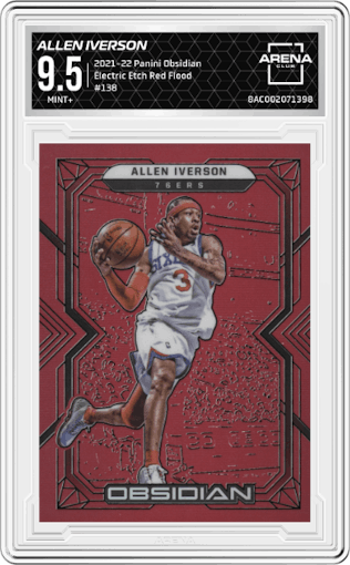 Allen Iverson from the 2021-22 Panini Obsidian set featuring a Electric Etch Red Flood parallel graded by Arena Club and given an overall grade of 9.5.