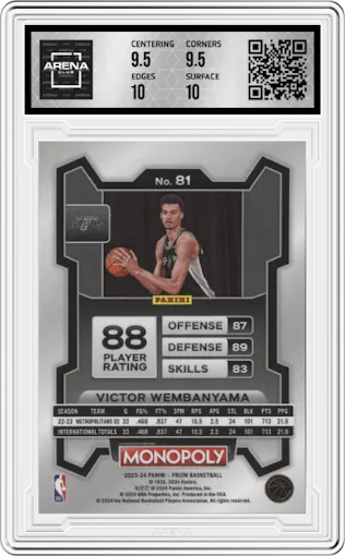 Victor Wembanyama from the 2023-24 Panini Prizm Monopoly set graded by Arena Club and given an overall grade of 10.