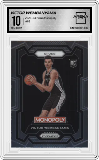 Victor Wembanyama from the 2023-24 Panini Prizm Monopoly set graded by Arena Club and given an overall grade of 10.