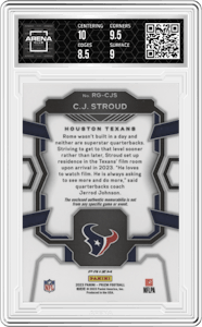 C.J. Stroud from the 2023 Panini Prizm set featuring a Pink parallel graded by Arena Club and given an overall grade of 9.