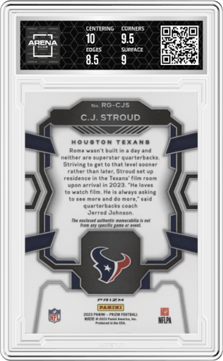 C.J. Stroud from the 2023 Panini Prizm set featuring a Pink parallel graded by Arena Club and given an overall grade of 9.