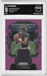 C.J. Stroud from the 2023 Panini Prizm set featuring a Pink parallel graded by Arena Club and given an overall grade of 9.