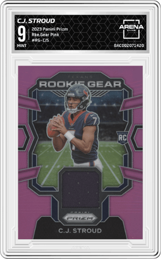 C.J. Stroud from the 2023 Panini Prizm set featuring a Pink parallel graded by Arena Club and given an overall grade of 9.