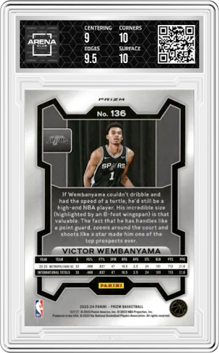 Victor Wembanyama from the 2023-24 Panini Prizm set featuring a Pink Ice Prizm parallel graded by Arena Club and given an overall grade of 9.5.