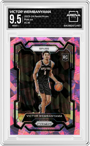Victor Wembanyama from the 2023-24 Panini Prizm set featuring a Pink Ice Prizm parallel graded by Arena Club and given an overall grade of 9.5.