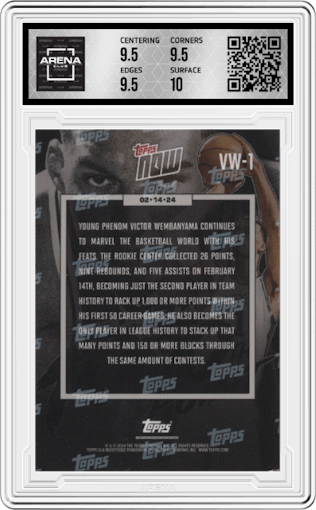 Victor Wembanyama from the 2023-24 Topps Now set graded by Arena Club and given an overall grade of 10.