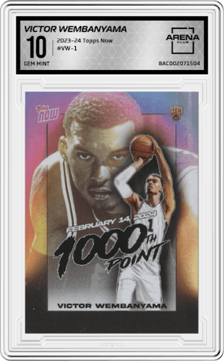 Victor Wembanyama from the 2023-24 Topps Now set graded by Arena Club and given an overall grade of 10.