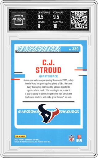 C.J. Stroud from the 2023 Panini Donruss set graded by Arena Club and given an overall grade of 9.5.