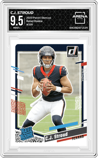 C.J. Stroud from the 2023 Panini Donruss set graded by Arena Club and given an overall grade of 9.5.