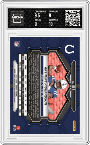 Anthony Richardson from the 2023 Panini Mosaic set featuring a Reactive Blue parallel graded by Arena Club and given an overall grade of 9.5.