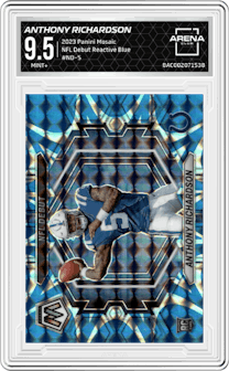 Anthony Richardson from the 2023 Panini Mosaic set featuring a Reactive Blue parallel graded by Arena Club and given an overall grade of 9.5.
