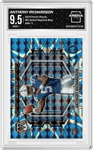 Anthony Richardson from the 2023 Panini Mosaic set featuring a Reactive Blue parallel graded by Arena Club and given an overall grade of 9.5.