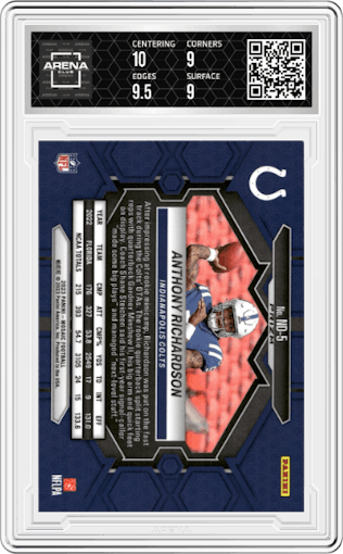 Anthony Richardson from the 2023 Panini Mosaic set featuring a Mosaic parallel graded by Arena Club and given an overall grade of 9.5.