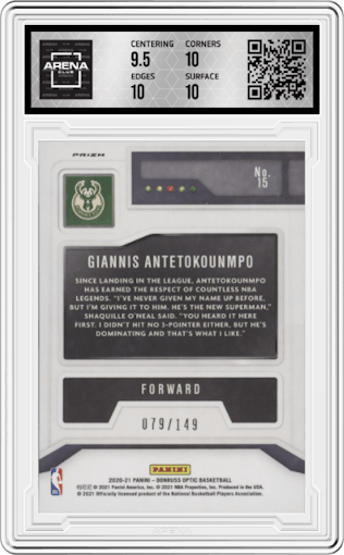 Giannis Antetokounmpo from the 2020-21 Panini Donruss Optic set featuring a Lime Green parallel graded by Arena Club and given an overall grade of 10.