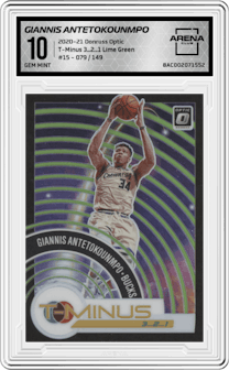 Giannis Antetokounmpo from the 2020-21 Panini Donruss Optic set featuring a Lime Green parallel graded by Arena Club and given an overall grade of 10.