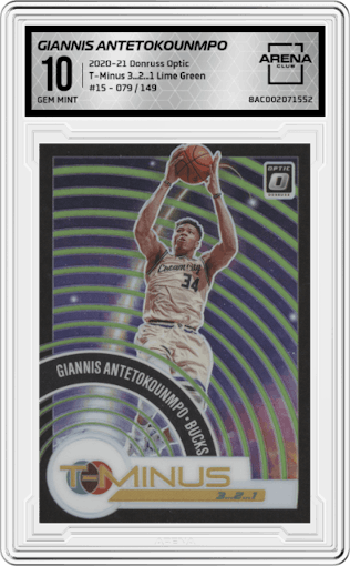 Giannis Antetokounmpo from the 2020-21 Panini Donruss Optic set featuring a Lime Green parallel graded by Arena Club and given an overall grade of 10.