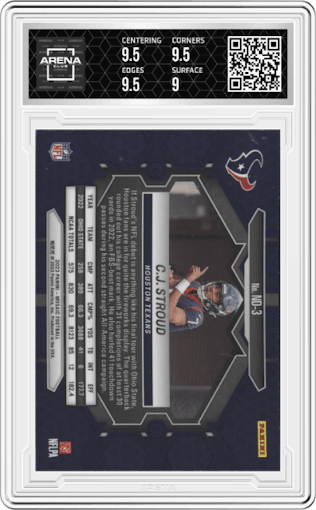 C.J. Stroud  from the 2023 Panini Mosaic set graded by Arena Club and given an overall grade of 9.5.