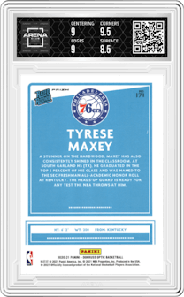 Tyrese Maxey from the 2020-21 Panini Donruss Optic set featuring a Fanatics Box Set parallel graded by Arena Club and given an overall grade of 9.