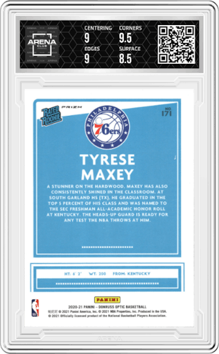 Tyrese Maxey from the 2020-21 Panini Donruss Optic set featuring a Fanatics Box Set parallel graded by Arena Club and given an overall grade of 9.