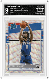 Tyrese Maxey from the 2020-21 Panini Donruss Optic set featuring a Fanatics Box Set parallel graded by Arena Club and given an overall grade of 9.