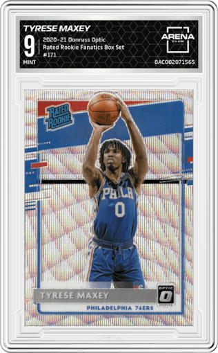 Tyrese Maxey from the 2020-21 Panini Donruss Optic set featuring a Fanatics Box Set parallel graded by Arena Club and given an overall grade of 9.