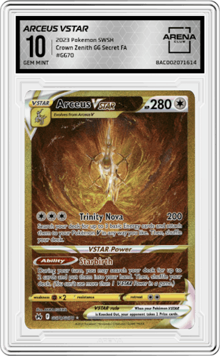Arceus VSTAR from the 2023 Pokemon SWSH set graded by Arena Club and given an overall grade of 10.