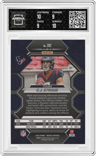 C.J. Stroud from the 2023 Panini Mosaic set graded by Arena Club and given an overall grade of 9.5.