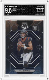 C.J. Stroud from the 2023 Panini Mosaic set graded by Arena Club and given an overall grade of 9.5.